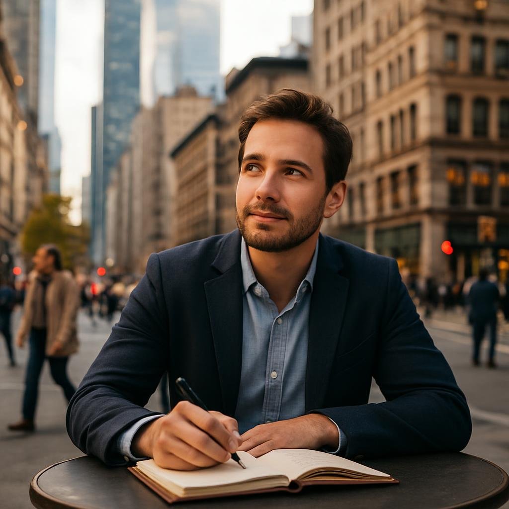 young man sitting at table taking notes